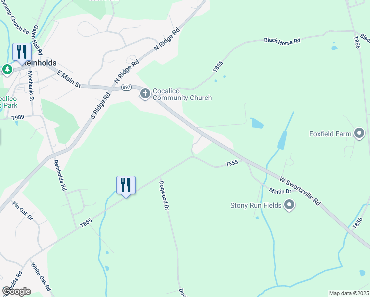 map of restaurants, bars, coffee shops, grocery stores, and more near 125 Brunners Grove Road in Reinholds