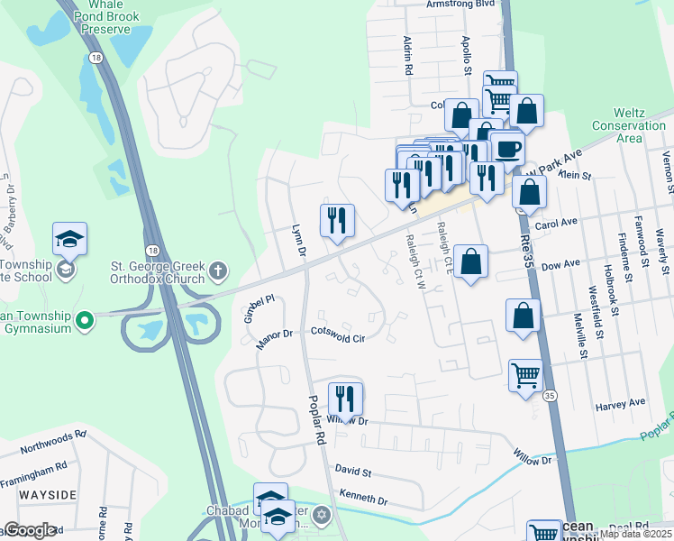 map of restaurants, bars, coffee shops, grocery stores, and more near 100 Cotswold Circle in Ocean Township