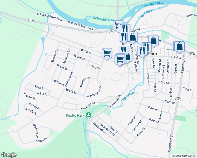 map of restaurants, bars, coffee shops, grocery stores, and more near 300 Washington Street in Birdsboro