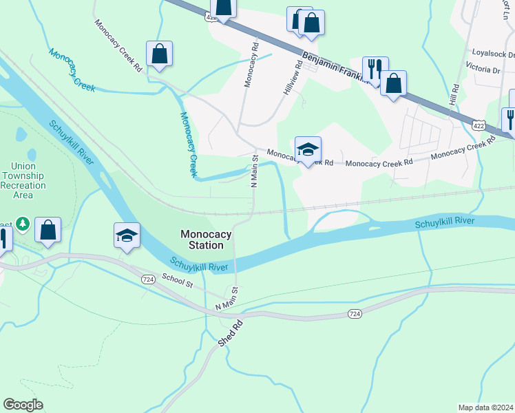 map of restaurants, bars, coffee shops, grocery stores, and more near 143 North Main Street in Douglassville