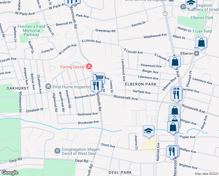 map of restaurants, bars, coffee shops, grocery stores, and more near 222 Lewis Street in Monmouth County
