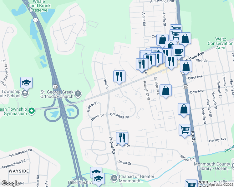 map of restaurants, bars, coffee shops, grocery stores, and more near 100 Cotswold Circle in Ocean Township
