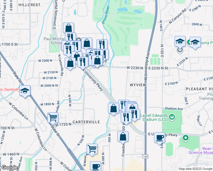 map of restaurants, bars, coffee shops, grocery stores, and more near Provo River Pkwy in Provo
