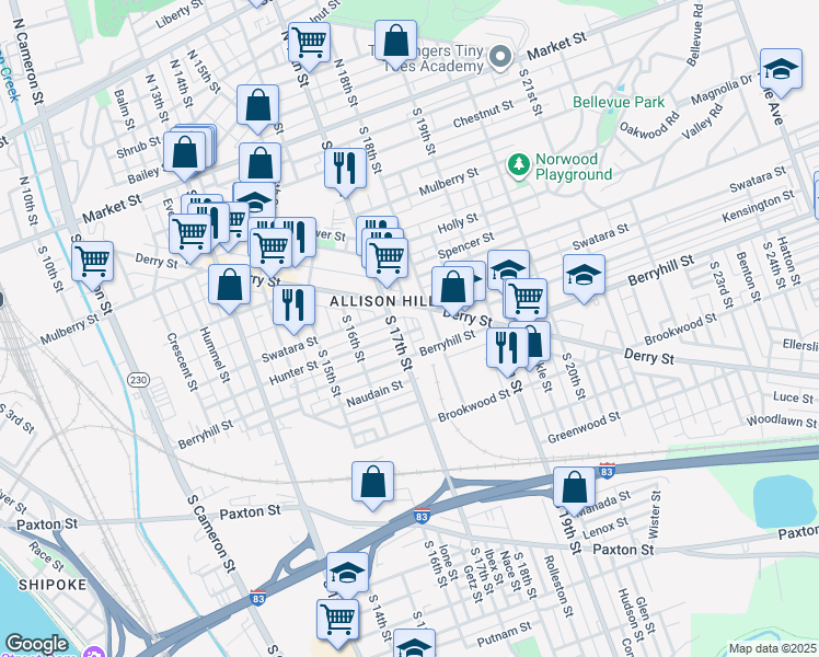 map of restaurants, bars, coffee shops, grocery stores, and more near 1716 Hunter Street in Harrisburg