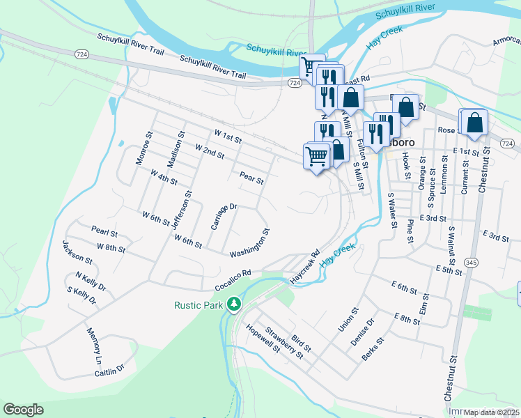 map of restaurants, bars, coffee shops, grocery stores, and more near 300 Washington Street in Birdsboro