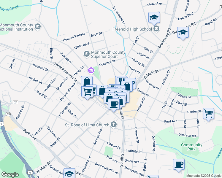 map of restaurants, bars, coffee shops, grocery stores, and more near 35 Court Street in Freehold