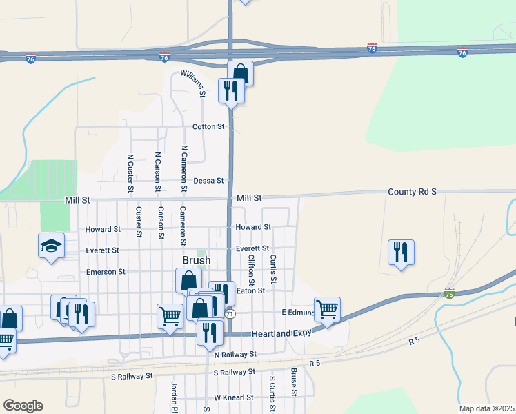 map of restaurants, bars, coffee shops, grocery stores, and more near 5 Circle Drive in Brush