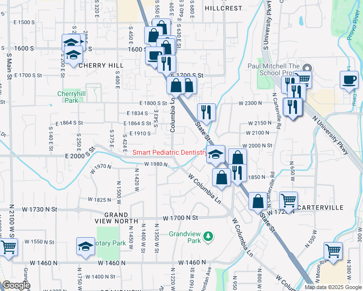 map of restaurants, bars, coffee shops, grocery stores, and more near 1947 South Columbia Lane in Orem