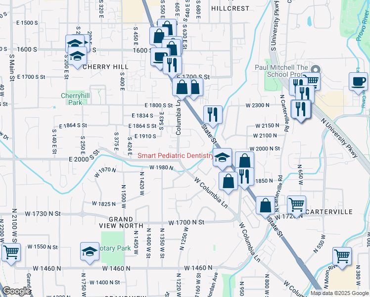 map of restaurants, bars, coffee shops, grocery stores, and more near 1947 South Columbia Lane in Orem