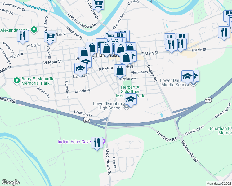 map of restaurants, bars, coffee shops, grocery stores, and more near 189 South Railroad Street in Hummelstown