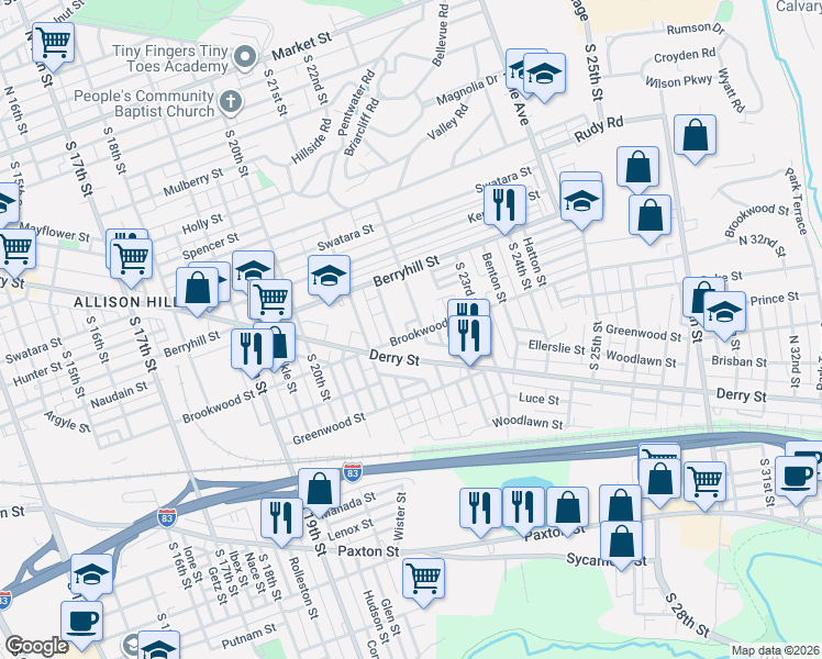 map of restaurants, bars, coffee shops, grocery stores, and more near 2180 Brookwood Street in Harrisburg