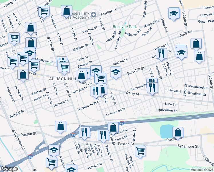 map of restaurants, bars, coffee shops, grocery stores, and more near 2006 Derry Street in Harrisburg