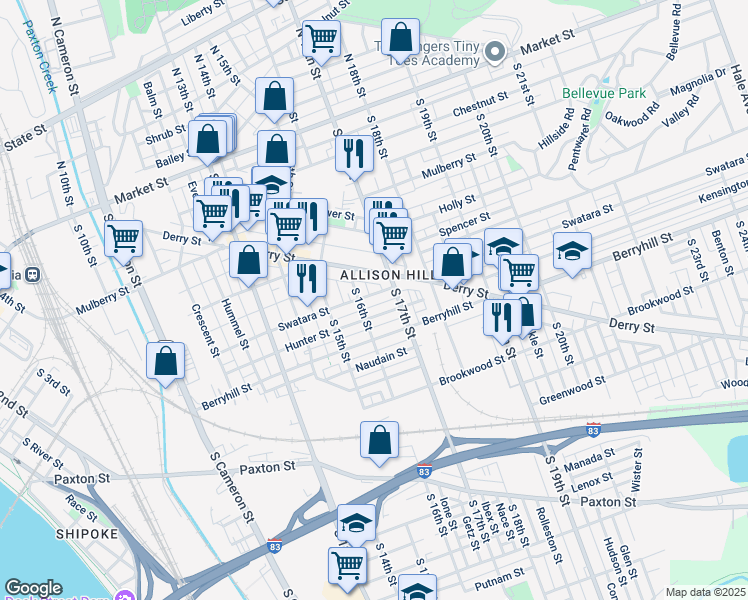 map of restaurants, bars, coffee shops, grocery stores, and more near in Harrisburg