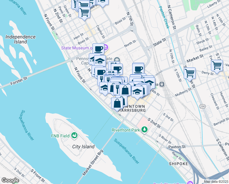 map of restaurants, bars, coffee shops, grocery stores, and more near 211 North 2nd Street in Harrisburg