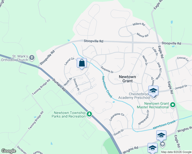 map of restaurants, bars, coffee shops, grocery stores, and more near 3207 Society Place in Newtown