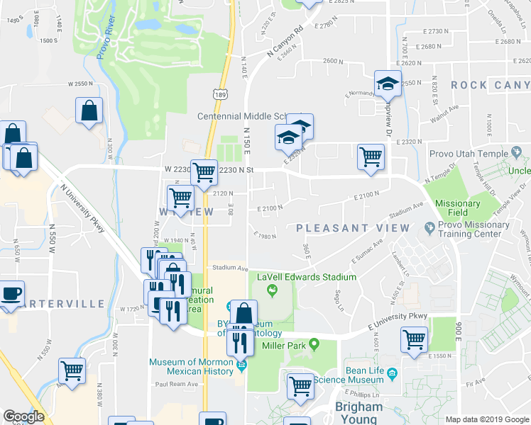 map of restaurants, bars, coffee shops, grocery stores, and more near 186 East 2100 North in Provo