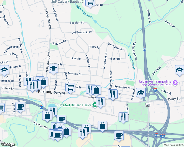 map of restaurants, bars, coffee shops, grocery stores, and more near 3780 Montour Street in Harrisburg