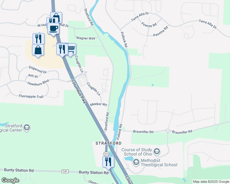 map of restaurants, bars, coffee shops, grocery stores, and more near 2441 Stratford Road in Delaware