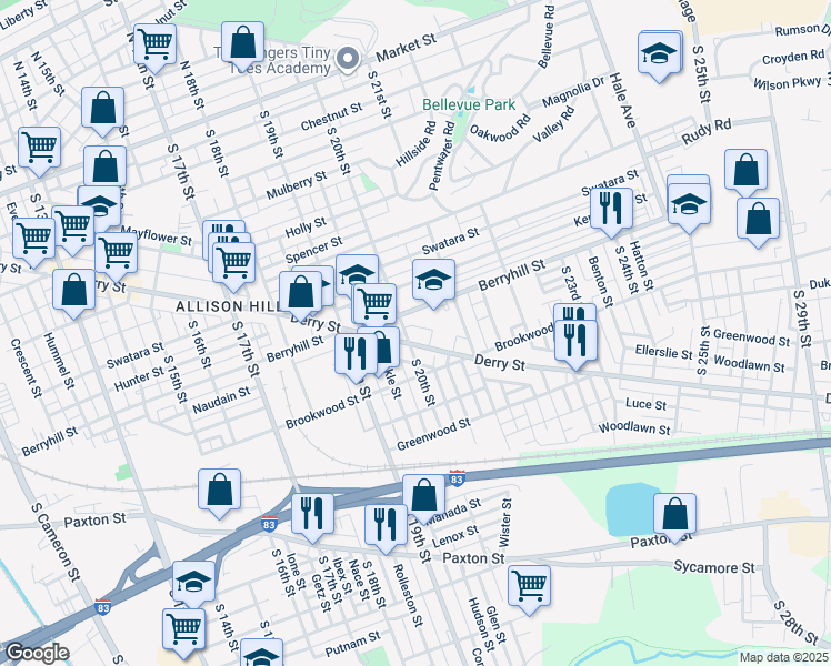 map of restaurants, bars, coffee shops, grocery stores, and more near 2006 Derry Street in Harrisburg