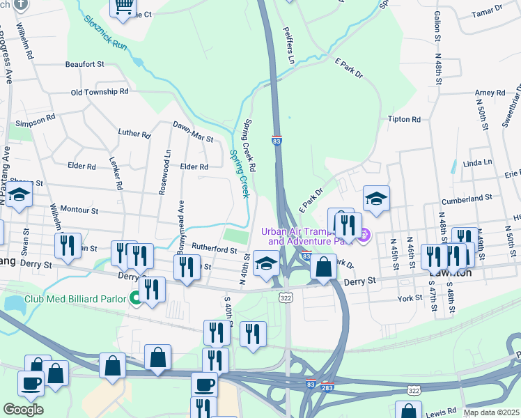 map of restaurants, bars, coffee shops, grocery stores, and more near 229 North 40th Street in Harrisburg