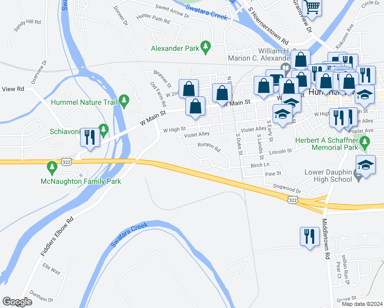 map of restaurants, bars, coffee shops, grocery stores, and more near 66 Runyon Court in Hummelstown