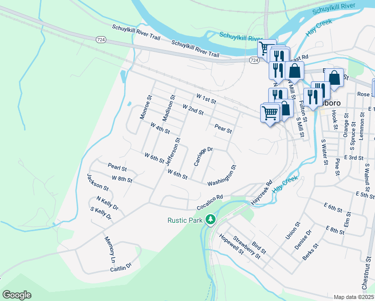 map of restaurants, bars, coffee shops, grocery stores, and more near Silver Brook Drive in Birdsboro