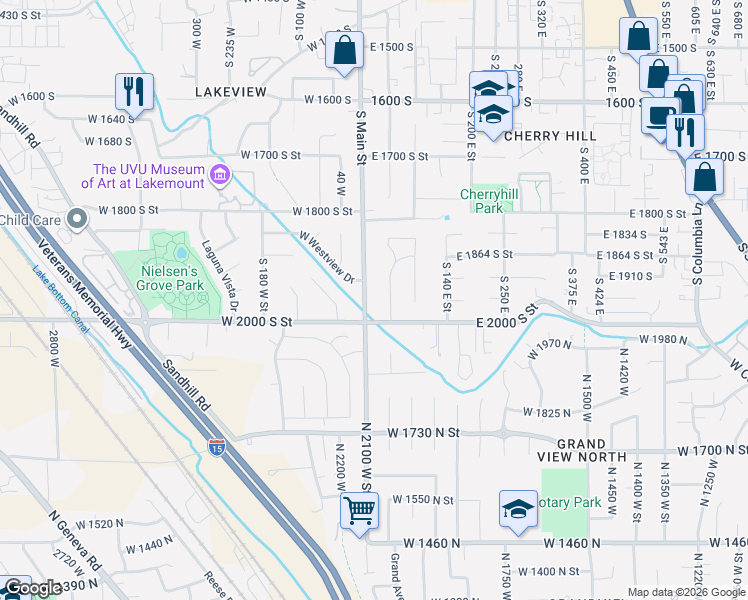 map of restaurants, bars, coffee shops, grocery stores, and more near 1965 South Main Street in Orem