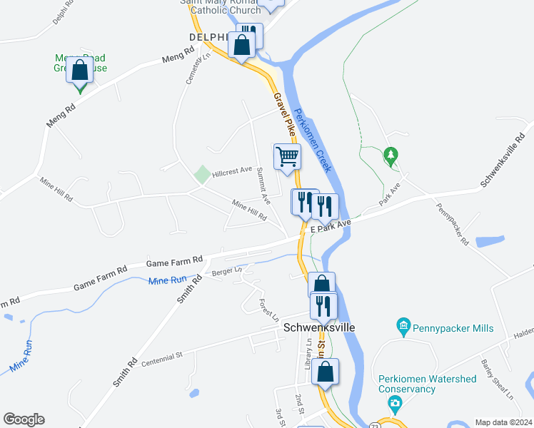 map of restaurants, bars, coffee shops, grocery stores, and more near 718 Mine Hill Road in Schwenksville