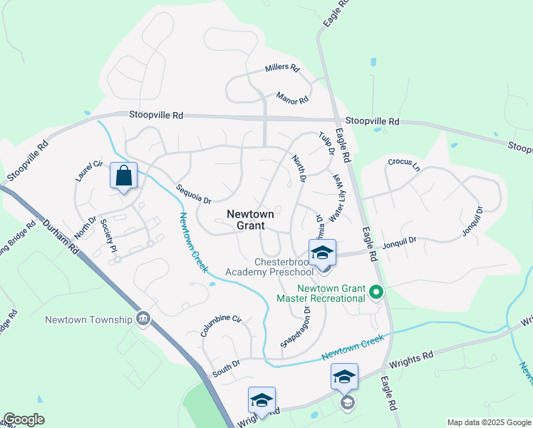 map of restaurants, bars, coffee shops, grocery stores, and more near 530 Coach Wood Court in Newtown