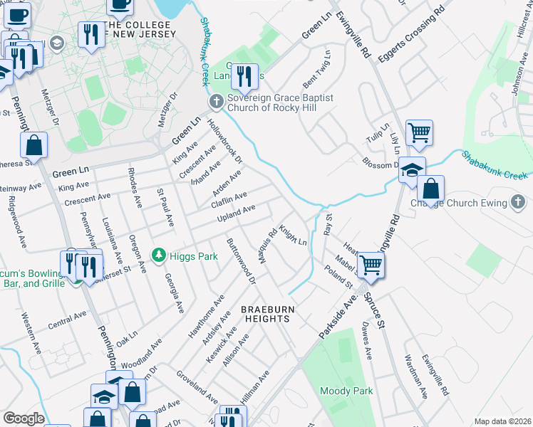 map of restaurants, bars, coffee shops, grocery stores, and more near 251 Upland Avenue in Ewing Township