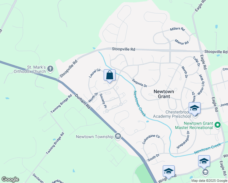 map of restaurants, bars, coffee shops, grocery stores, and more near 2508 Society Place in Newtown