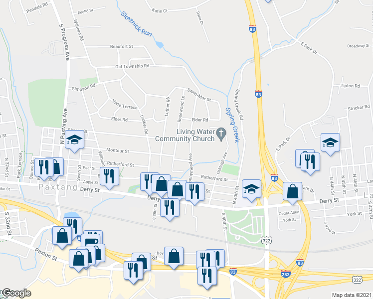 map of restaurants, bars, coffee shops, grocery stores, and more near 320 Bonnymead Avenue in Harrisburg