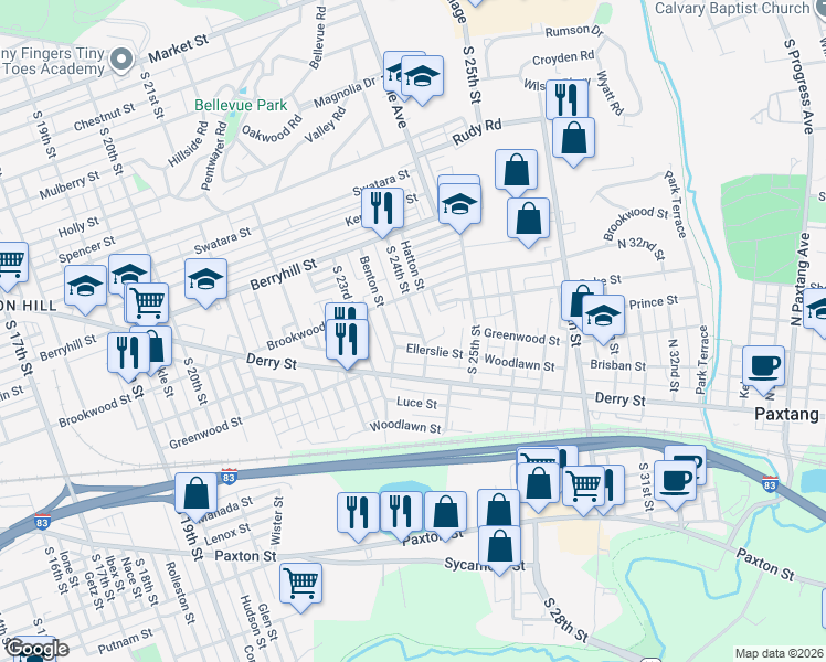 map of restaurants, bars, coffee shops, grocery stores, and more near 634 S 24th St in Harrisburg