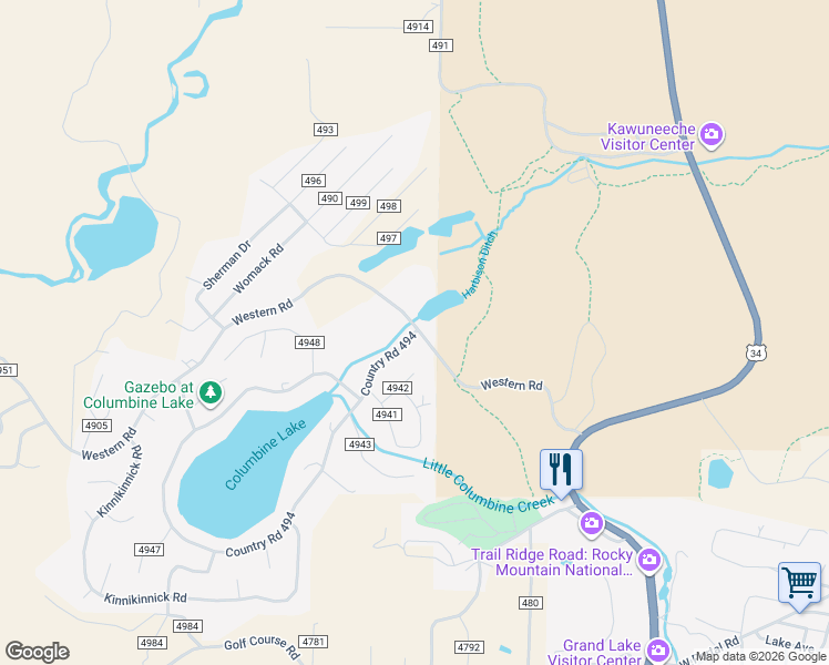 map of restaurants, bars, coffee shops, grocery stores, and more near 11 Columbine Drive in Grand Lake