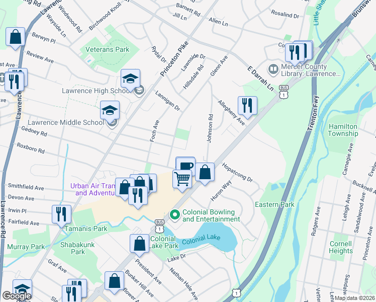 map of restaurants, bars, coffee shops, grocery stores, and more near 36 Ditmars Avenue in Lawrence Township