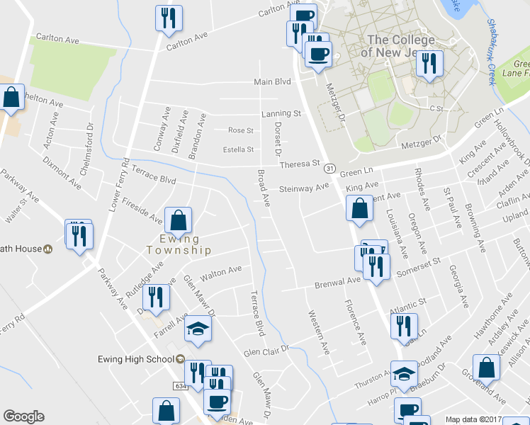 map of restaurants, bars, coffee shops, grocery stores, and more near 67 Broad Avenue in Ewing Township