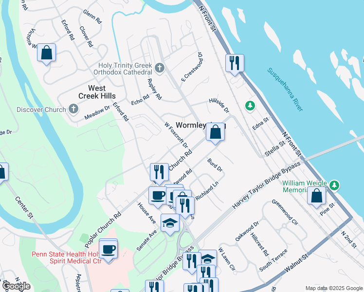 map of restaurants, bars, coffee shops, grocery stores, and more near 550 Grandview Avenue in Camp Hill