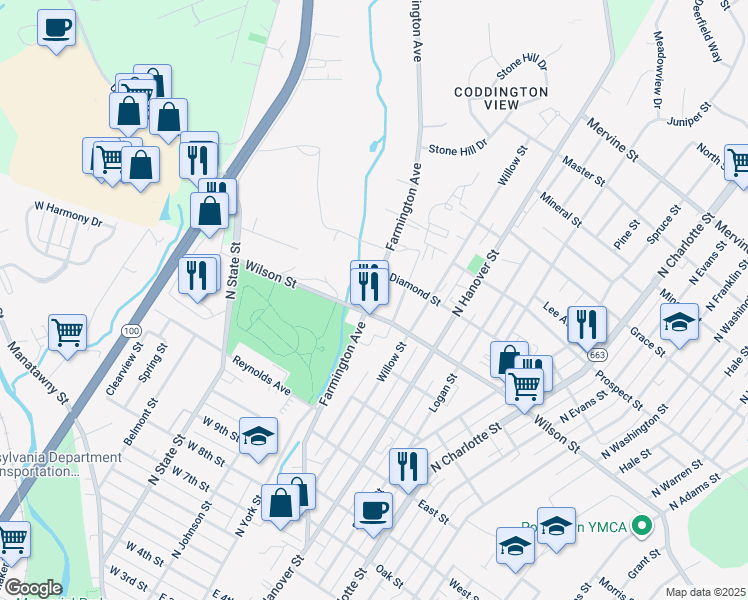 map of restaurants, bars, coffee shops, grocery stores, and more near 812 Farmington Avenue in Pottstown