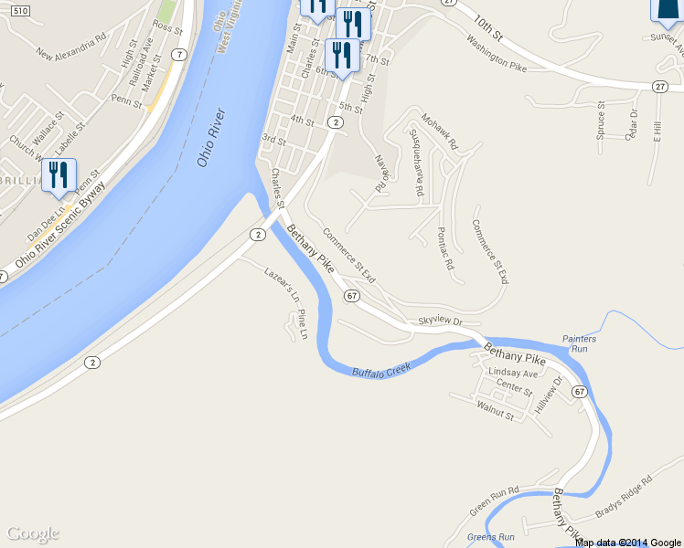 map of restaurants, bars, coffee shops, grocery stores, and more near 13 Cunningham Lane in Wellsburg