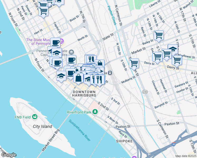 map of restaurants, bars, coffee shops, grocery stores, and more near 307 Market Street in Harrisburg