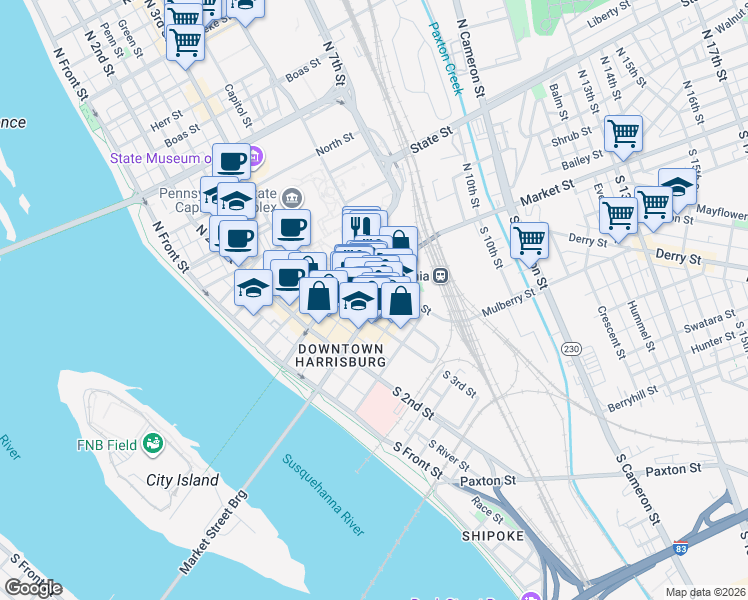 map of restaurants, bars, coffee shops, grocery stores, and more near 320 Market Street in Harrisburg