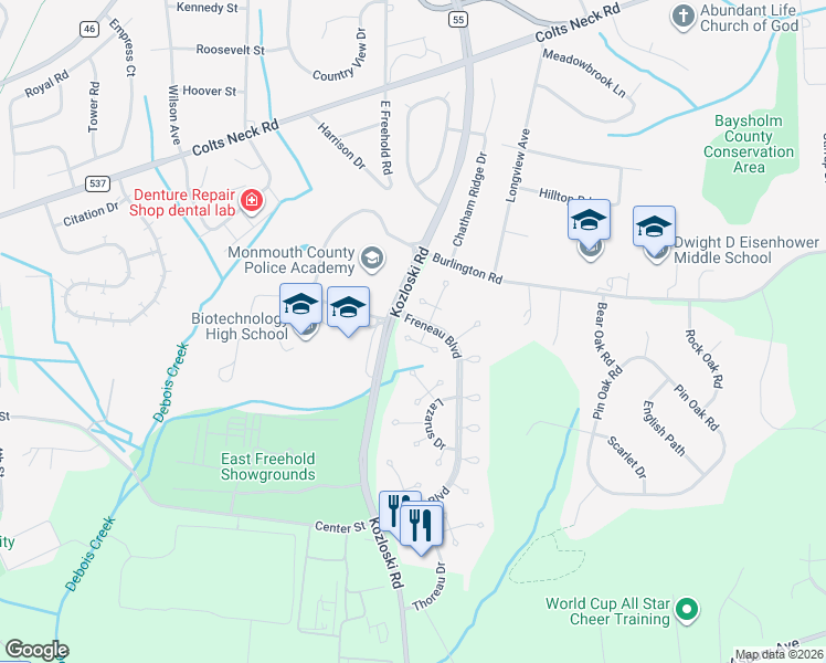 map of restaurants, bars, coffee shops, grocery stores, and more near 6 Cooper Court in Freehold