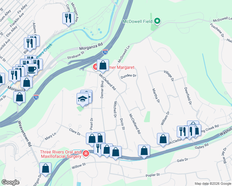 map of restaurants, bars, coffee shops, grocery stores, and more near 228 McClelland Road in Canonsburg
