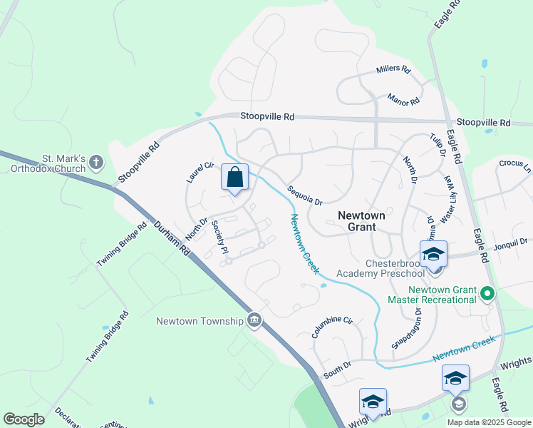 map of restaurants, bars, coffee shops, grocery stores, and more near 3006 Society Place in Newtown
