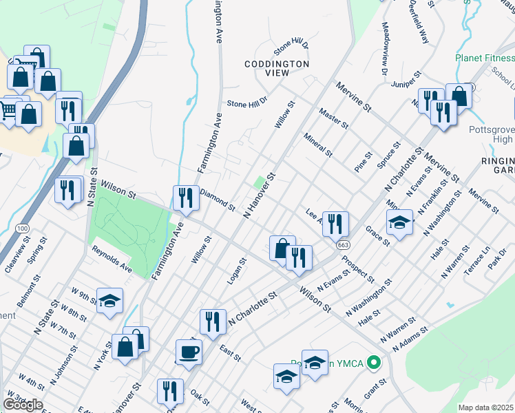 map of restaurants, bars, coffee shops, grocery stores, and more near 876 North Hanover Street in Pottstown