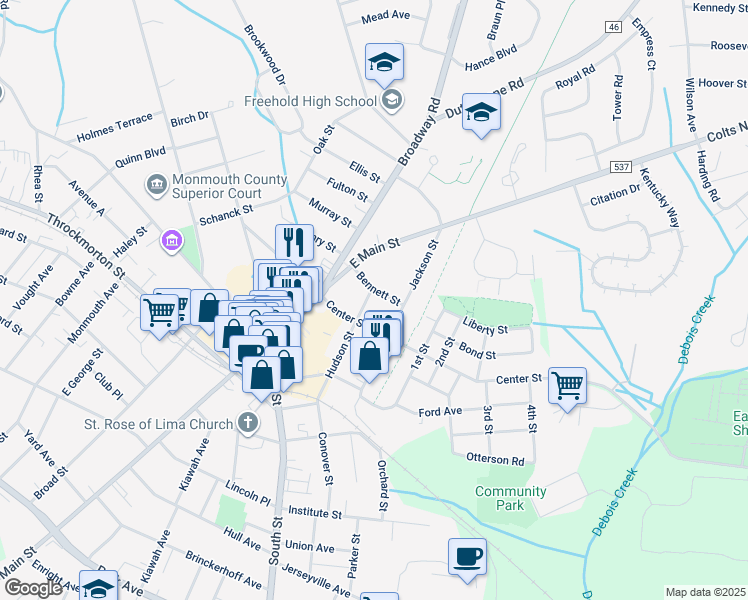 map of restaurants, bars, coffee shops, grocery stores, and more near 62 Hudson Street in Freehold