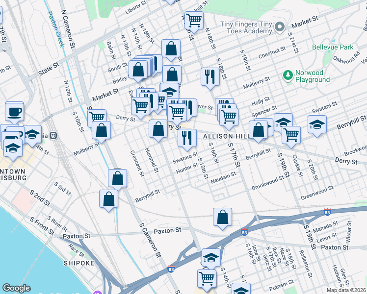 map of restaurants, bars, coffee shops, grocery stores, and more near 331 South 14th Street in Harrisburg