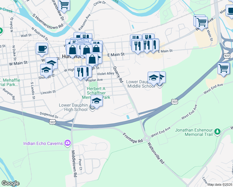 map of restaurants, bars, coffee shops, grocery stores, and more near 216 Division Street in Hummelstown