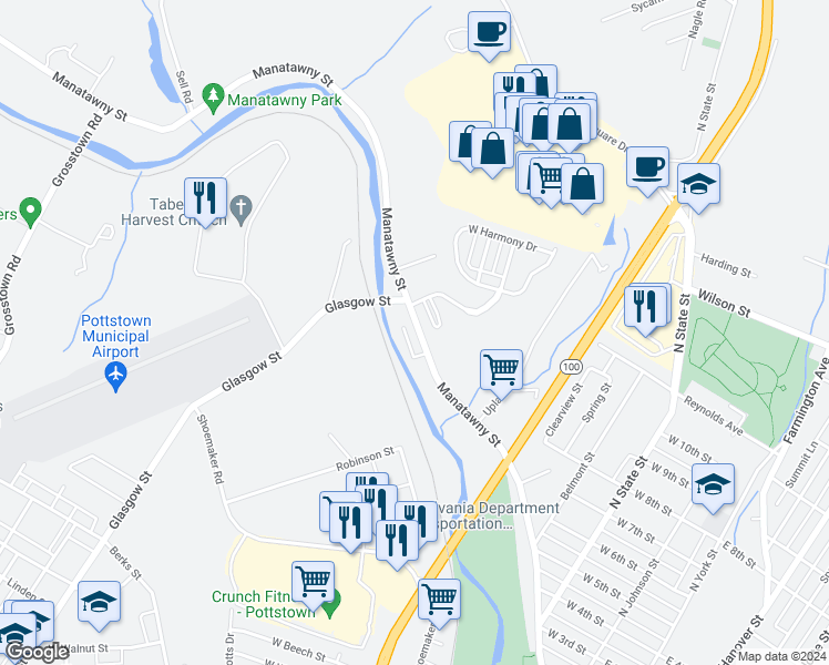 map of restaurants, bars, coffee shops, grocery stores, and more near 611 Manatawny Street in Pottstown