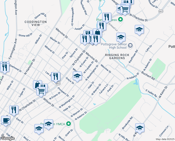 map of restaurants, bars, coffee shops, grocery stores, and more near 1114 North Franklin Street in Pottstown